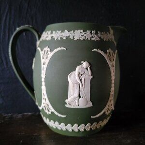 Antique Wedgwood Olive Green Jasperware Muses Trophy Emblem Jug Pitcher *Read